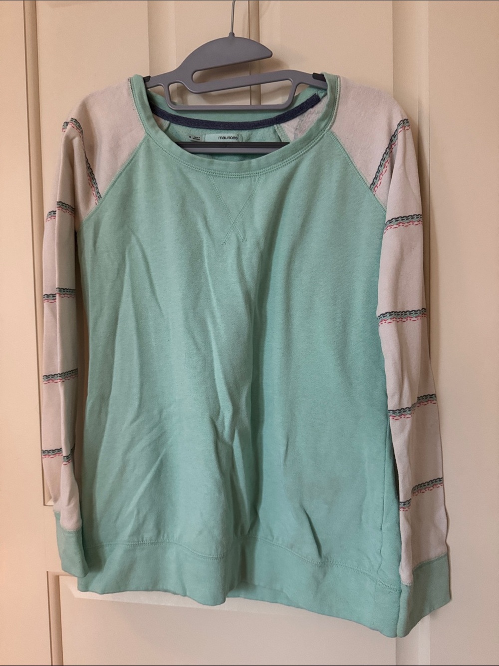 Maurices Mint Green Crewneck with Striped Cream Raglan Sleeves